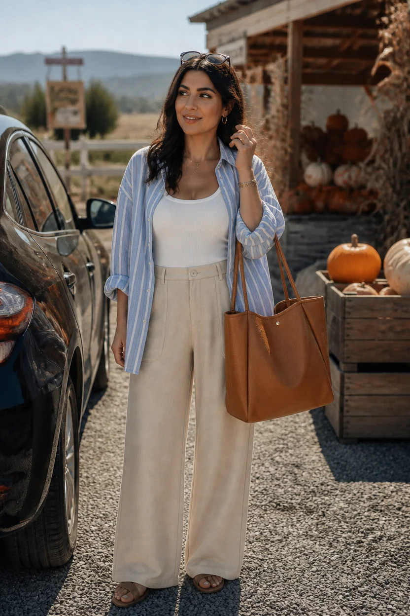 Woman in striped shirt and beige pants standing near a car at a pumpkin patch.
