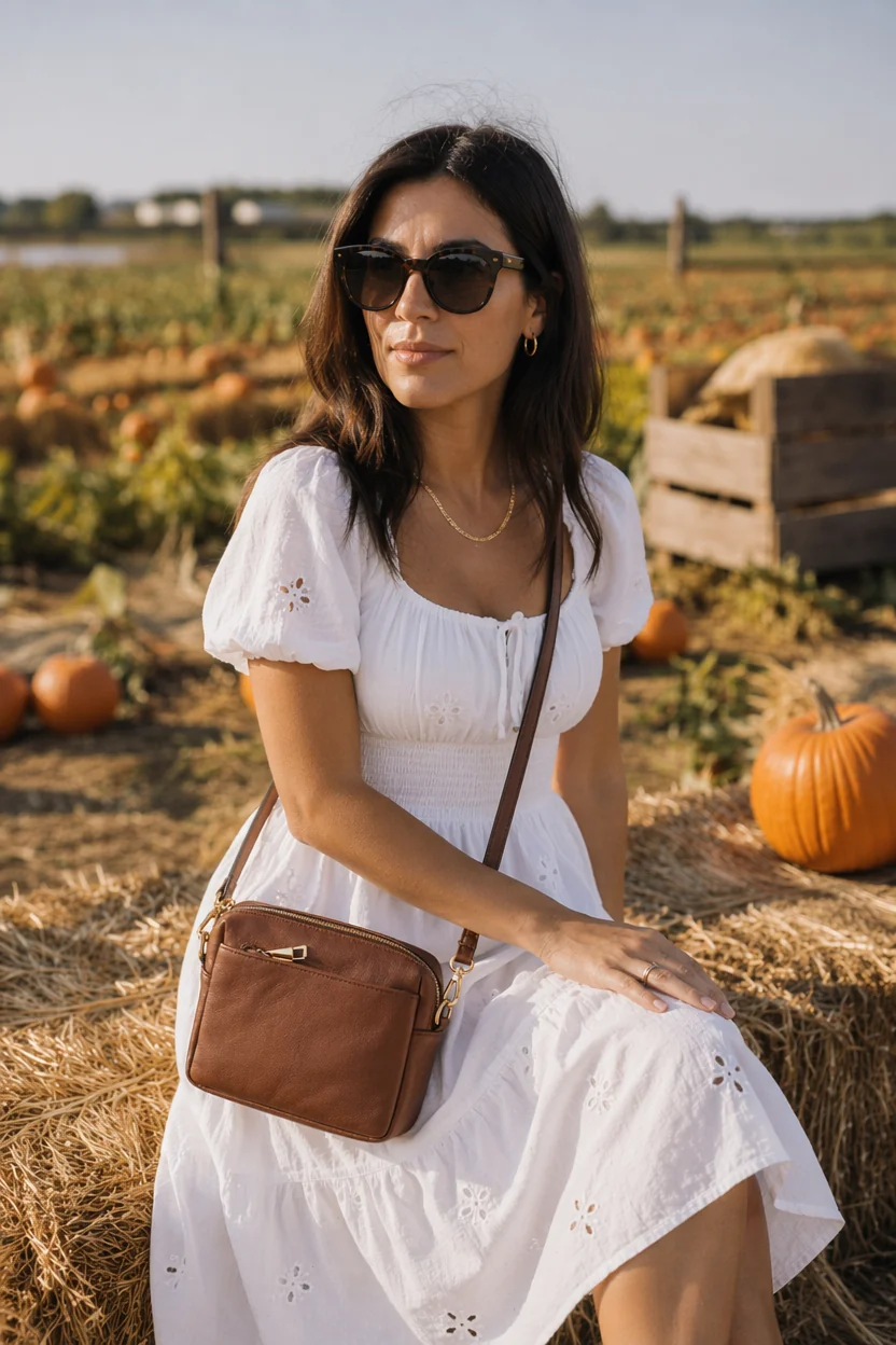 Woman in white eyelet dress sitting on hay bale in pumpkin patch wearing sunglasses and brown crossbody bag.
