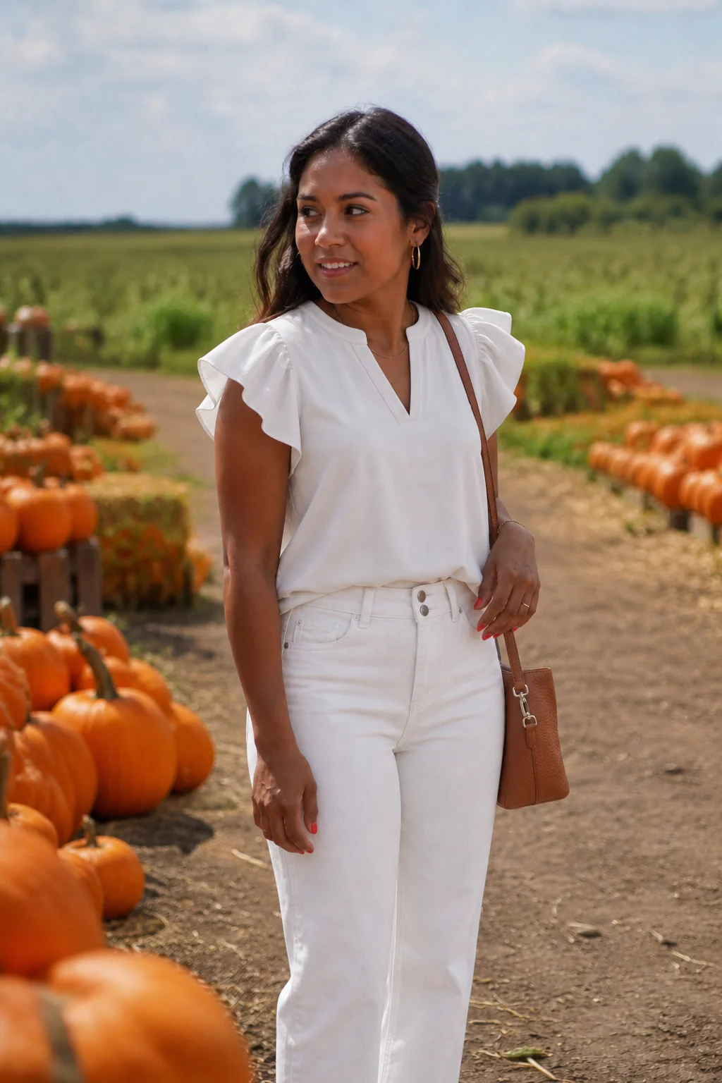 A woman in a white ruffled top and white jeans stands on a dirt path between rows of pumpkins in a field.