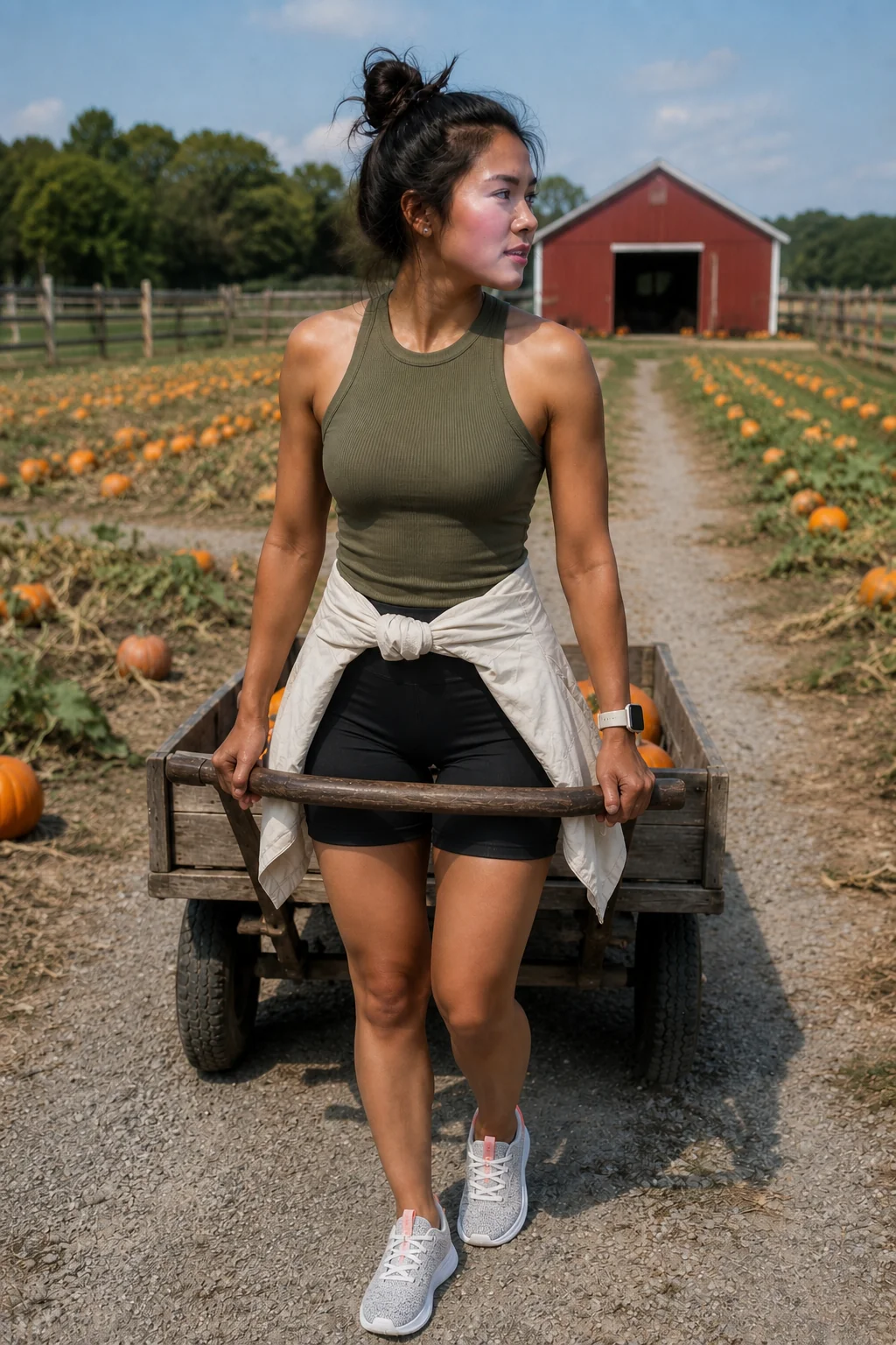 Woman pulling a wooden wagon through a pumpkin patch wearing an olive tank top, black shorts, and sneakers with a white jacke