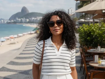 Woman in striped polo and white culottes stands on Copacabana boardwalk with Sugarloaf Mountain in background.