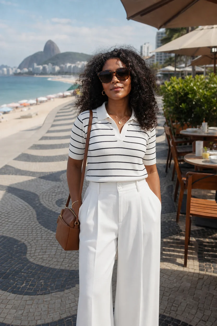 Woman in striped polo and white culottes stands on Copacabana boardwalk with Sugarloaf Mountain in background.
