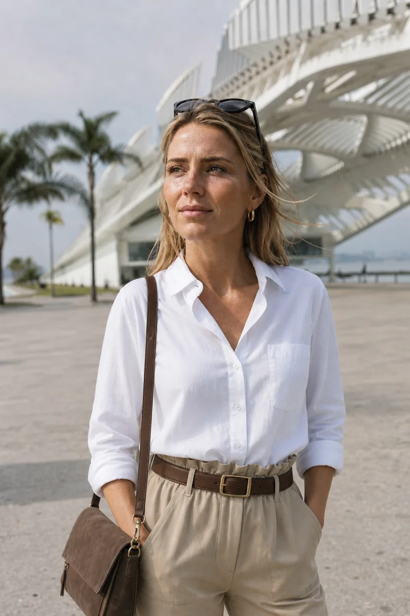 Woman in white shirt and beige trousers stands before the Museum of Tomorrow in Rio de Janeiro.