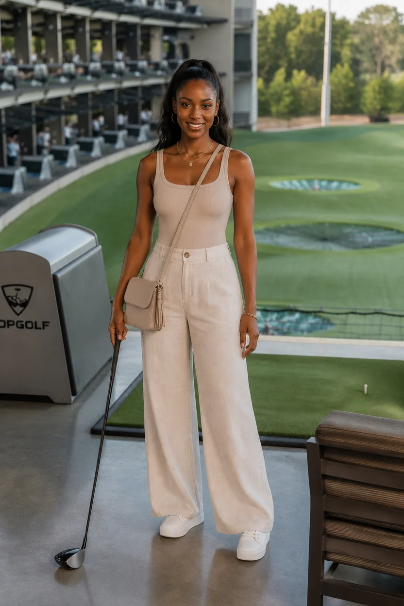 A woman in beige linen pants and a ribbed bodysuit holds a golf club at a Topgolf venue.