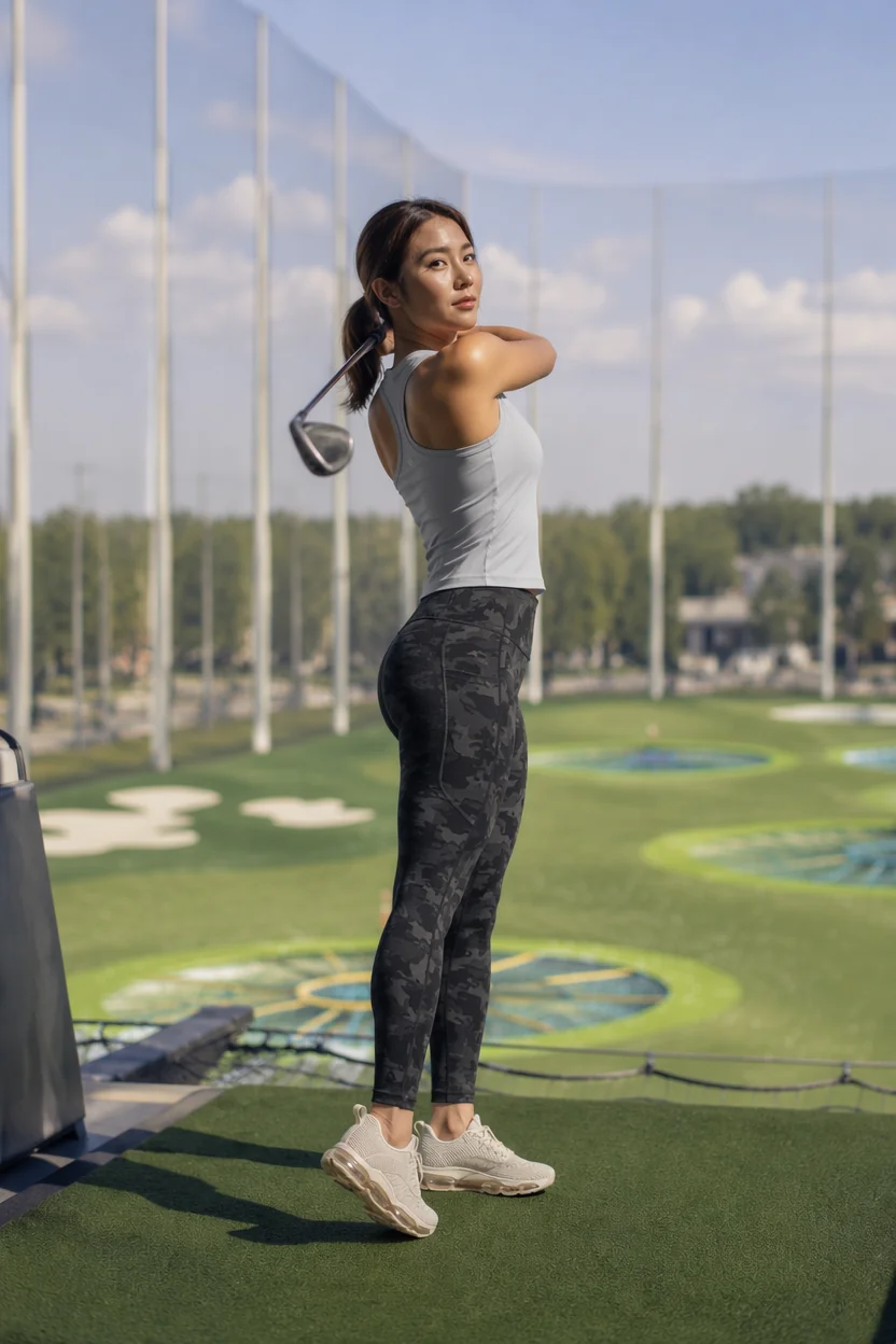 Woman mid-swing at Topgolf wearing a grey tank top, camouflage leggings, and white sneakers.