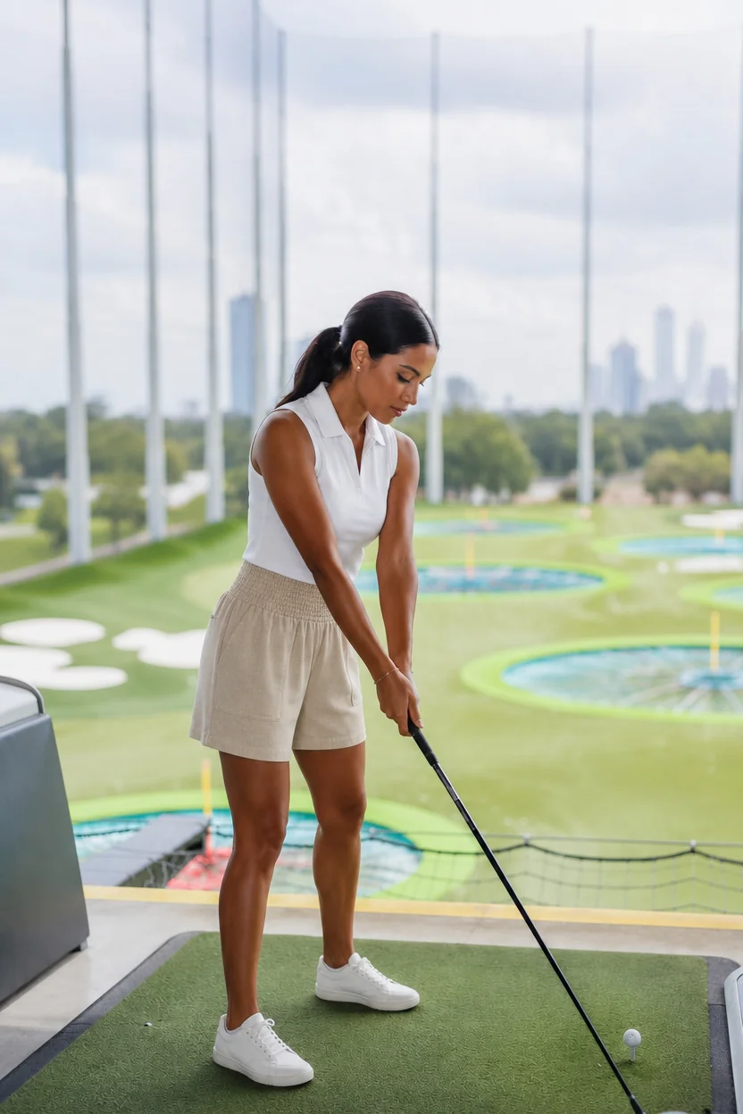 Woman in white sleeveless polo and beige shorts swinging golf club at Topgolf