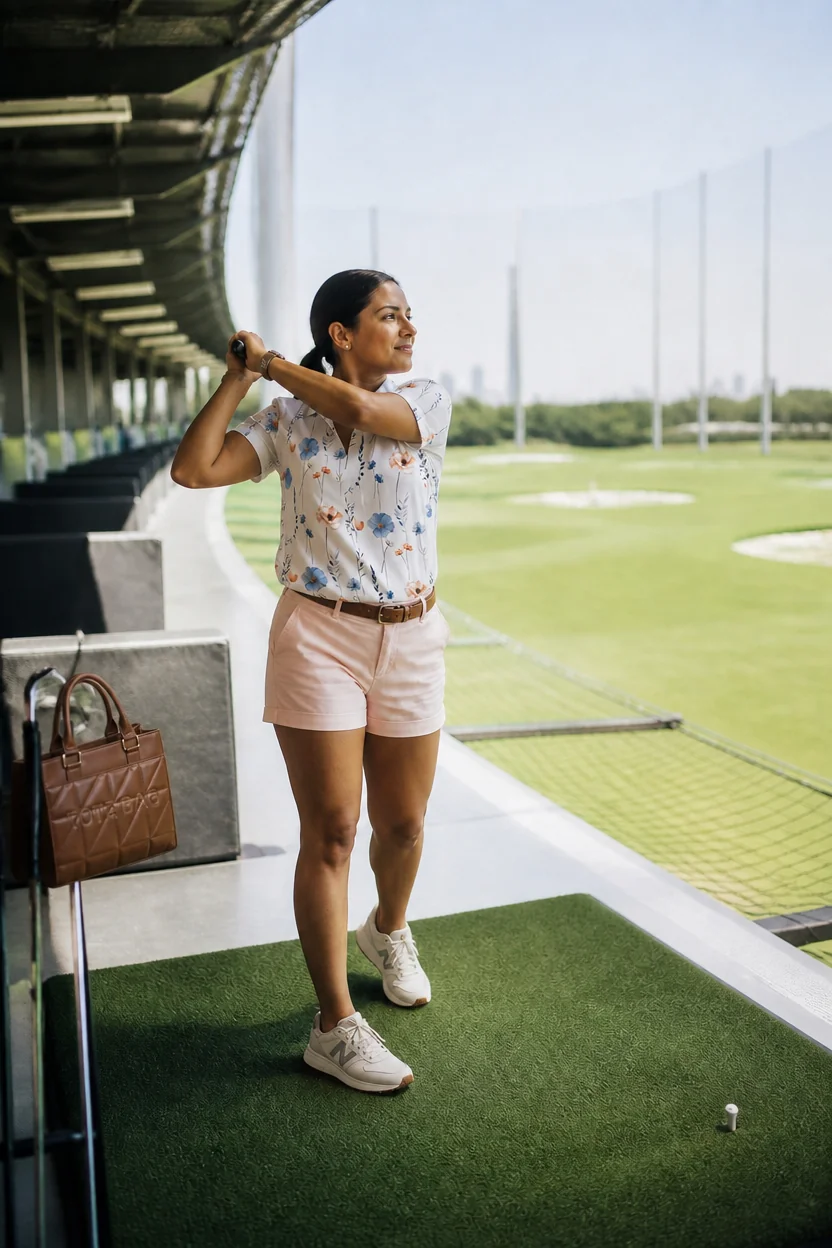 Woman mid-swing at Topgolf wearing floral shirt, pink shorts, and white sneakers with a brown handbag nearby.