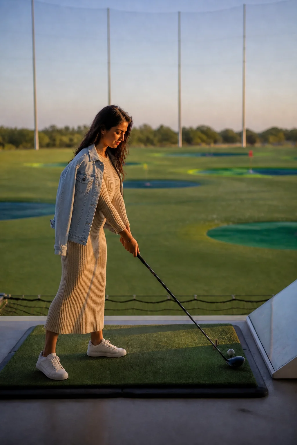 Woman in beige knit dress and denim jacket swinging golf club at Topgolf during sunset.