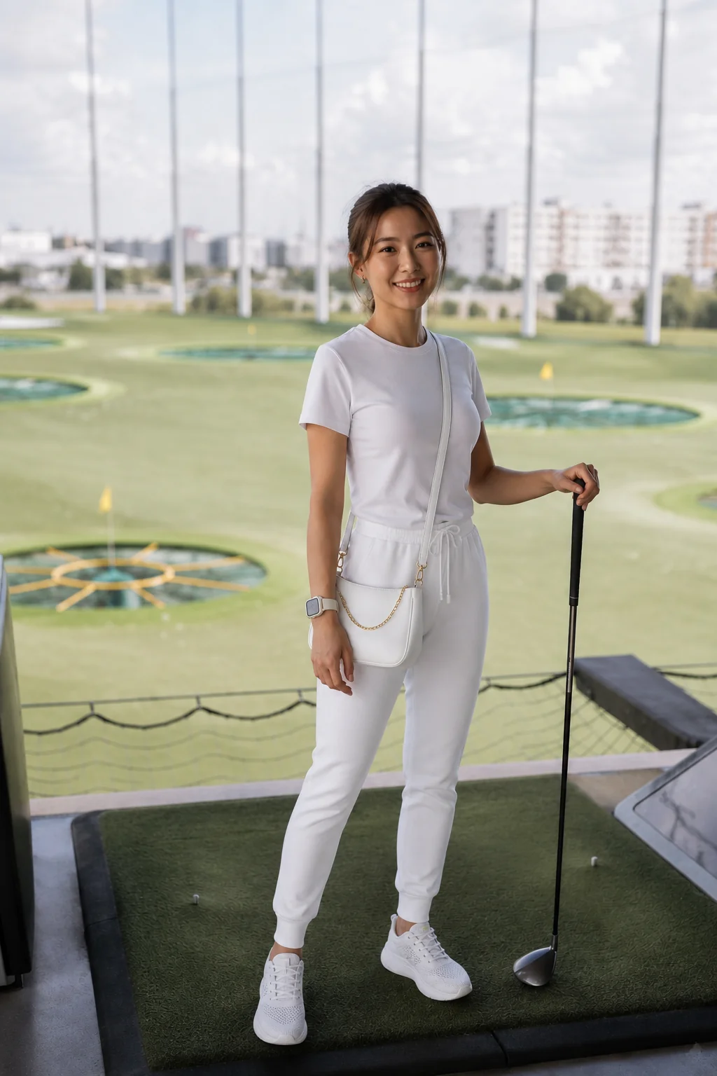 A woman in a white outfit holding a golf club on a Topgolf driving range.